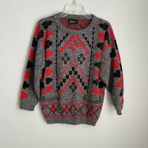 Vintage Jaguar Men's Gray Red Black Knit Sweater Aztec
